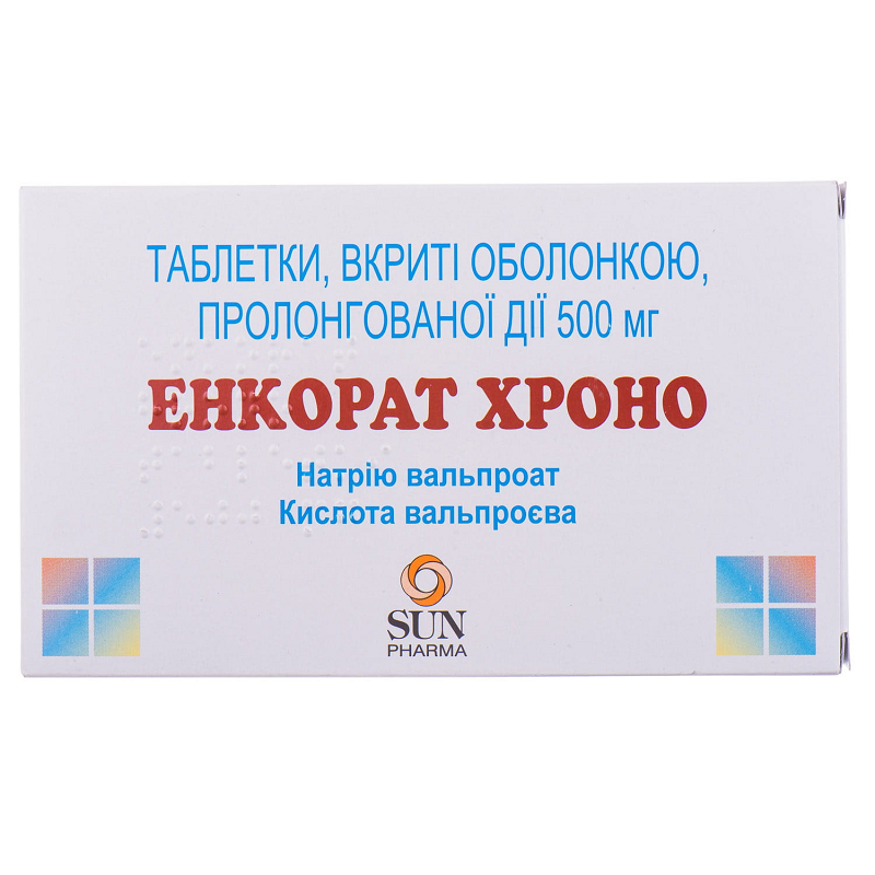 ЕНКОРАТ ХРОНО таблетки, вкриті оболонкою, пролонгованої дії по 500 мг по 10 таблеток у стрипі, по 3 стрипи у картонній коробці
